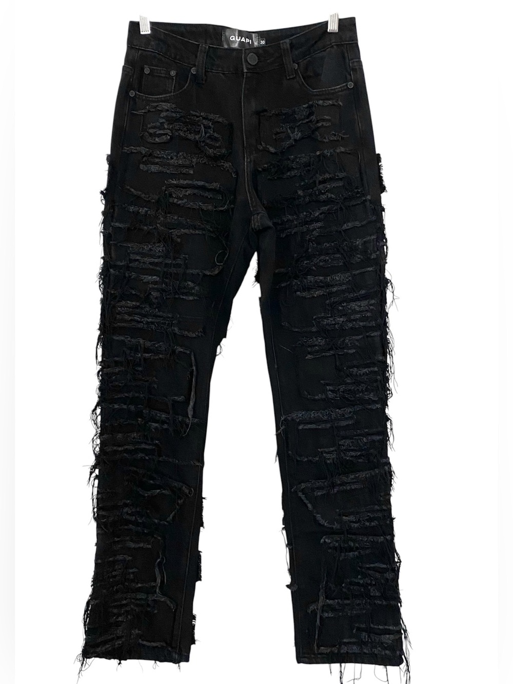 Guapi Men’s 30 Stacked Black Obsidian Distressed Jeans Zippers Relaxed Straight - Picture 5 of 12